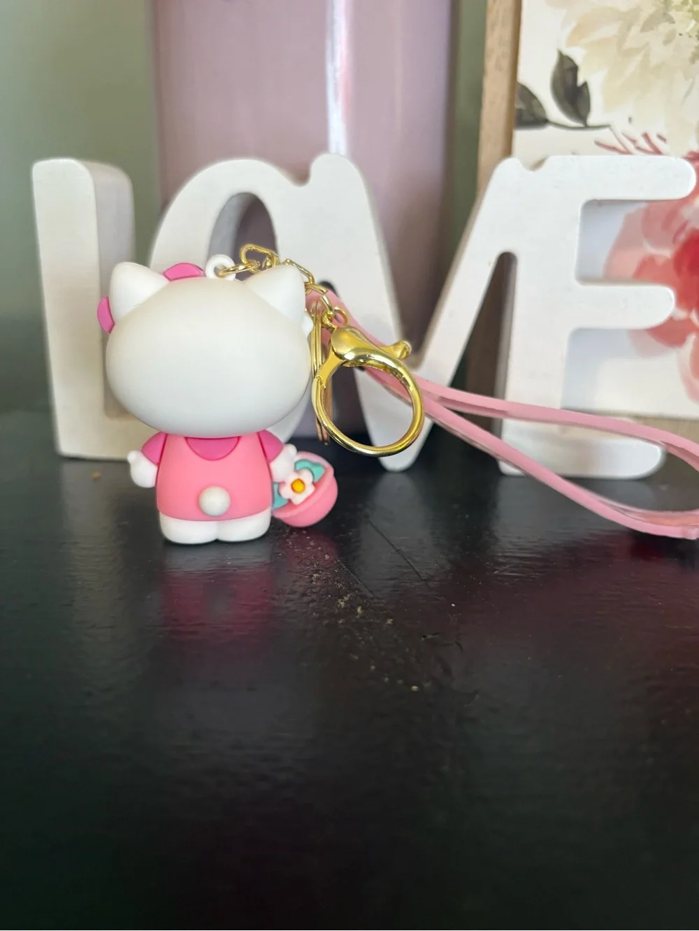 Sanrio Hello Kitty Pink Floral Silicone Keychain with Gold Ring